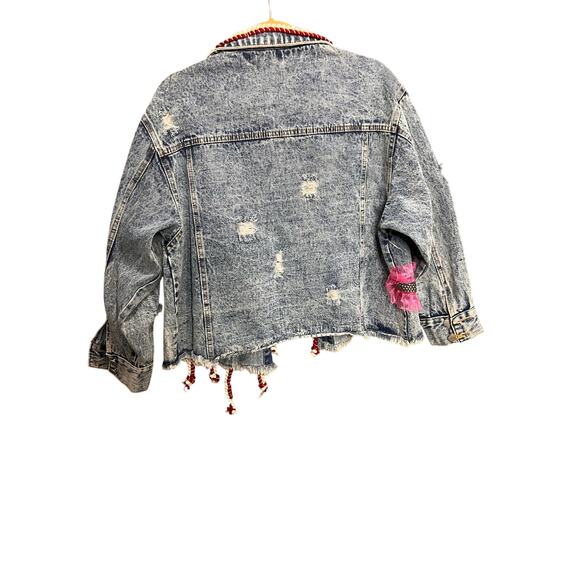Souk + Sephia Designer Punk Graffiti Style Distressed Medium Wash Denim Jacket - Picture 2 of 13